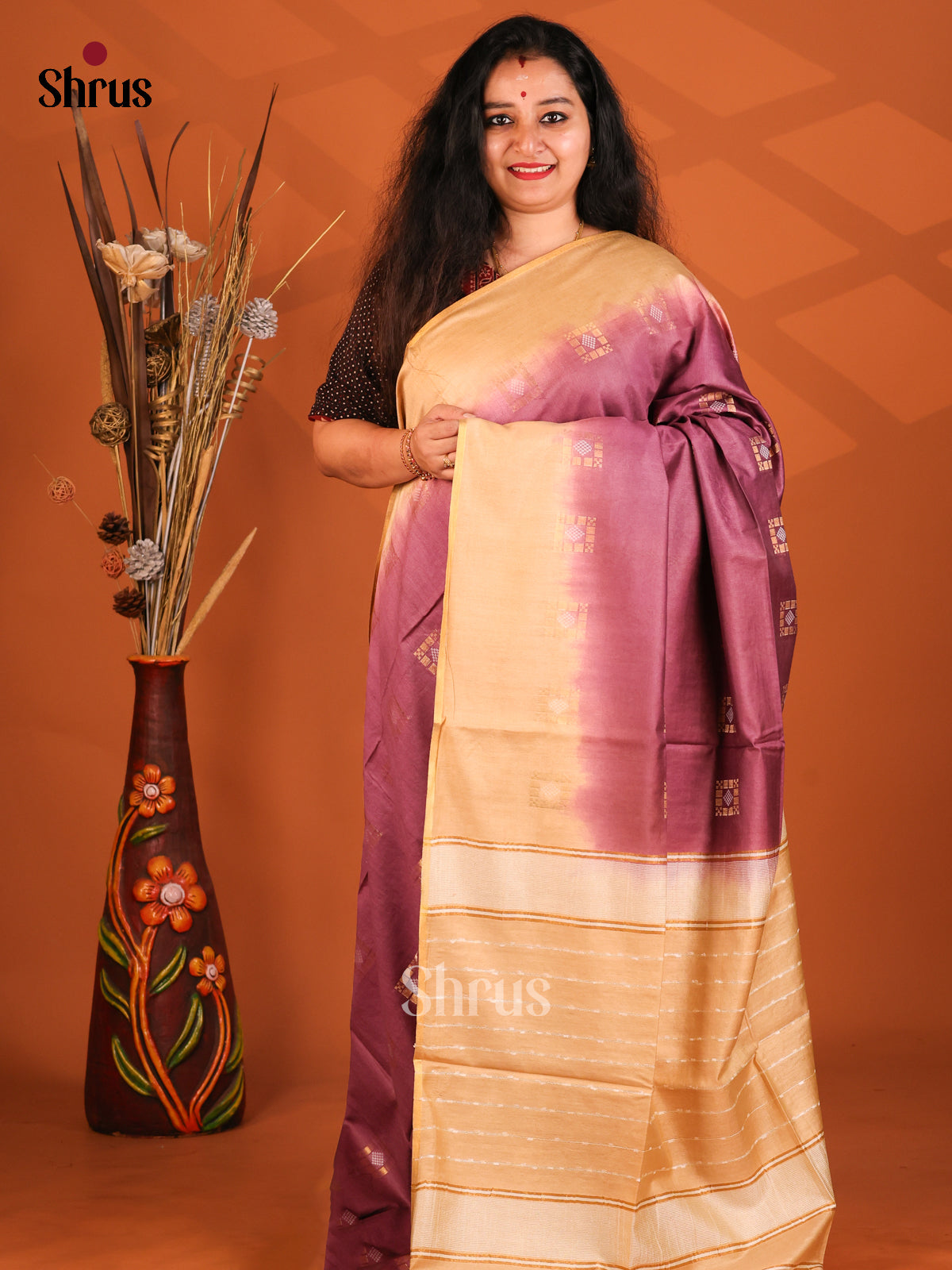 Maroon with Cream- Semi Tussar Saree - Shop on Shrus.com