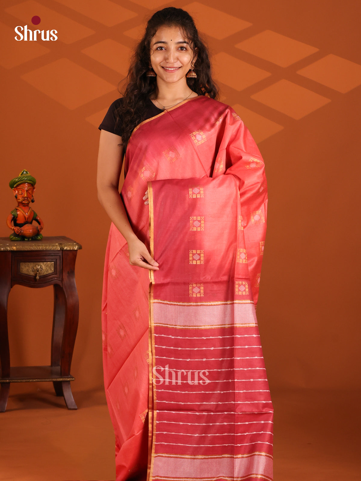 Pink & Red - Semi Tussar Saree - Shop on Shrus.com
