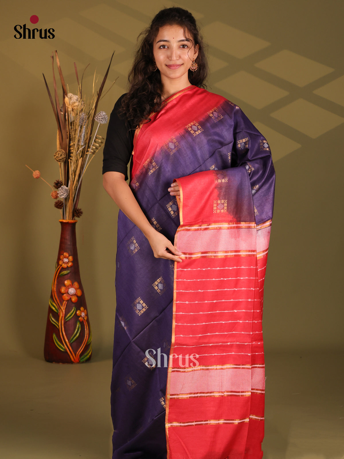 Blue & Red - Semi Tussar Saree - Shop on Shrus.com