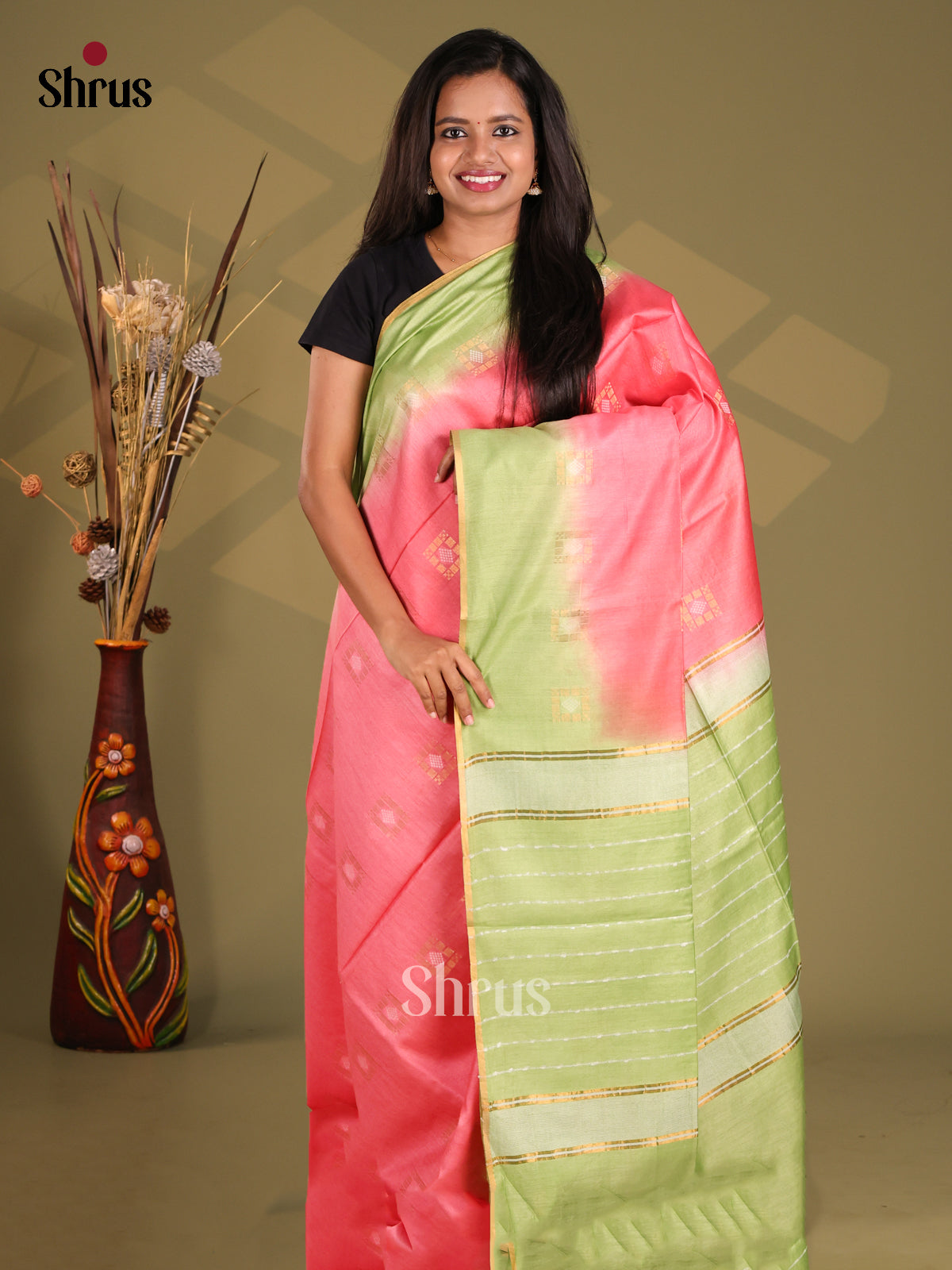 Pink & Green- Semi Tussar Saree - Shop on Shrus.com