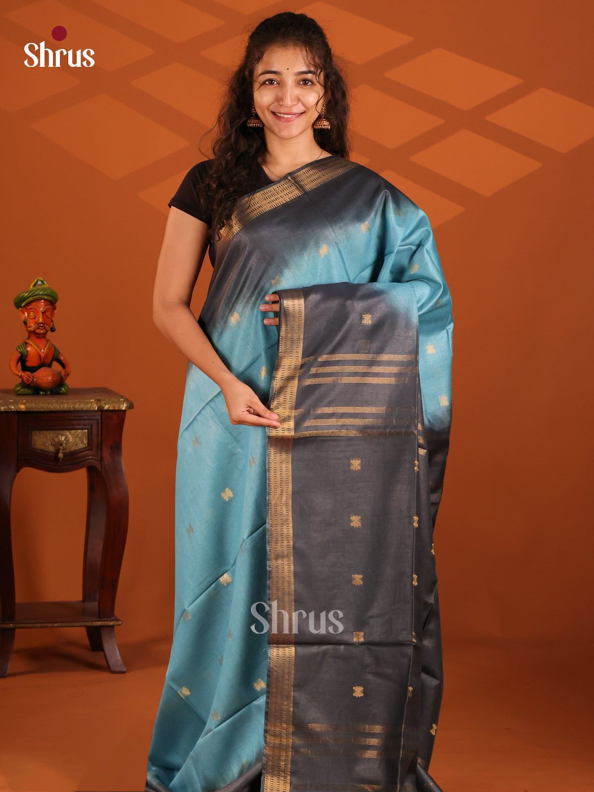 Blue & Black - Semi Tussar Saree - Shop on Shrus.com