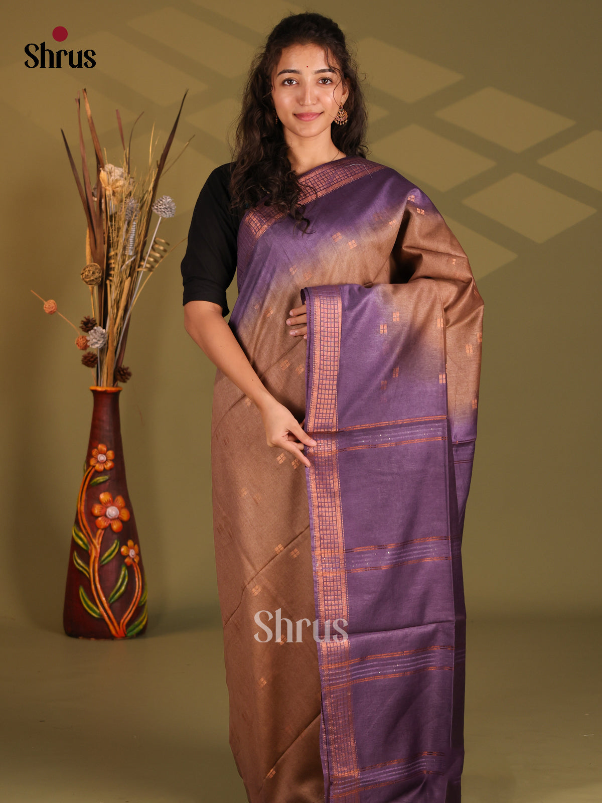 Brown & Violet- Semi Tussar Saree - Shop on Shrus.com