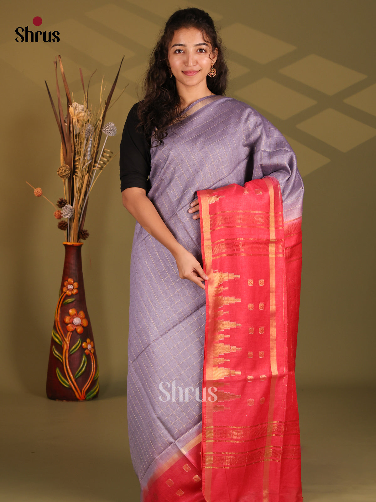 Lavender & Orangish Pink - Semi Tussar Saree - Shop on Shrus.com