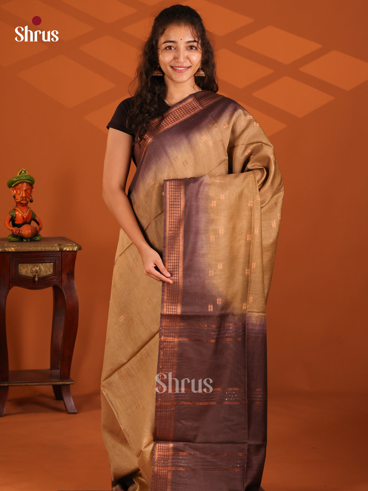 Beige & Brown - Semi Tussar Saree - Shop on Shrus.com