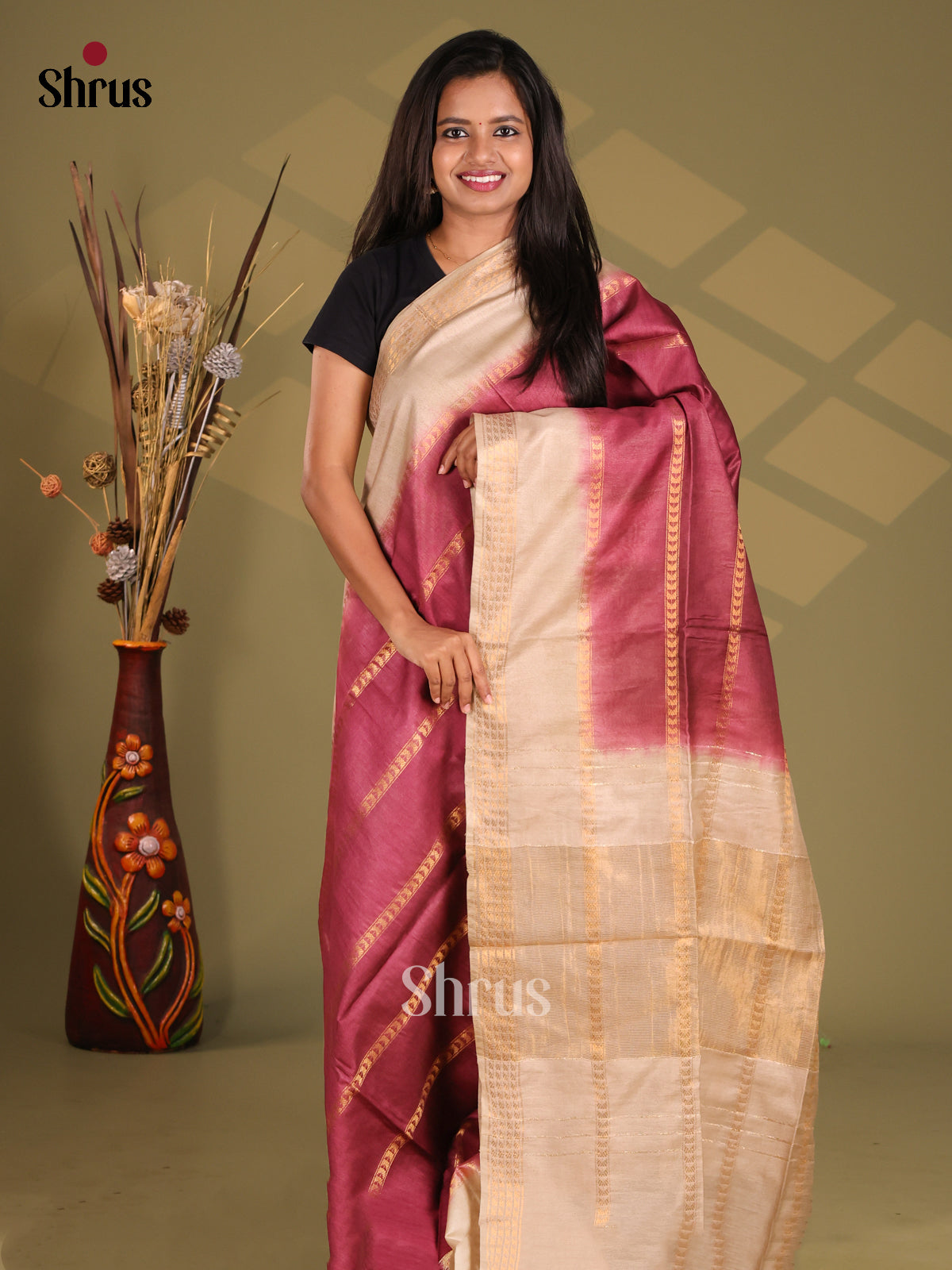 Maroon & cream - Semi Tussar Saree - Shop on Shrus.com