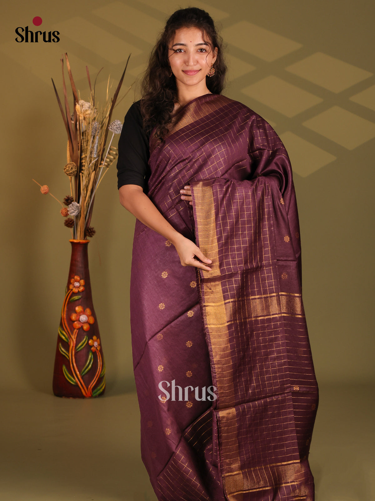 Maroon  - Semi Tussar Saree - Shop on Shrus.com