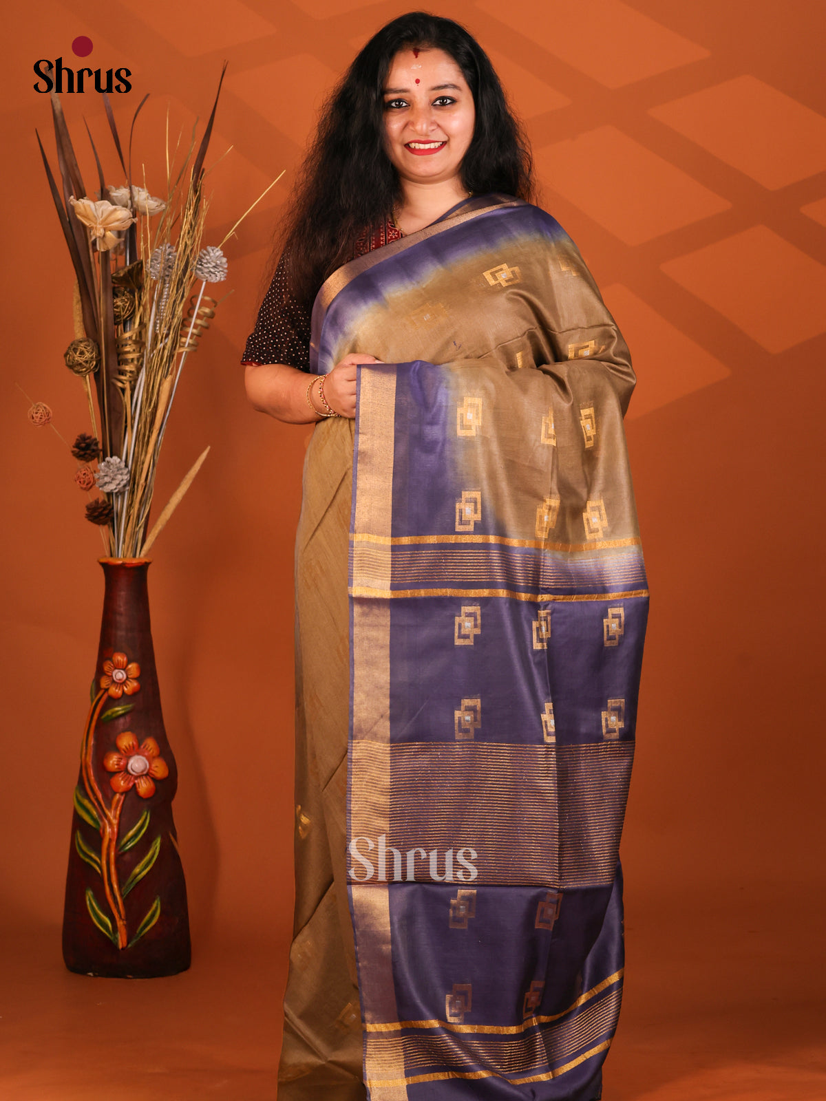 Brown & blue- Semi Tussar Saree - Shop on Shrus.com