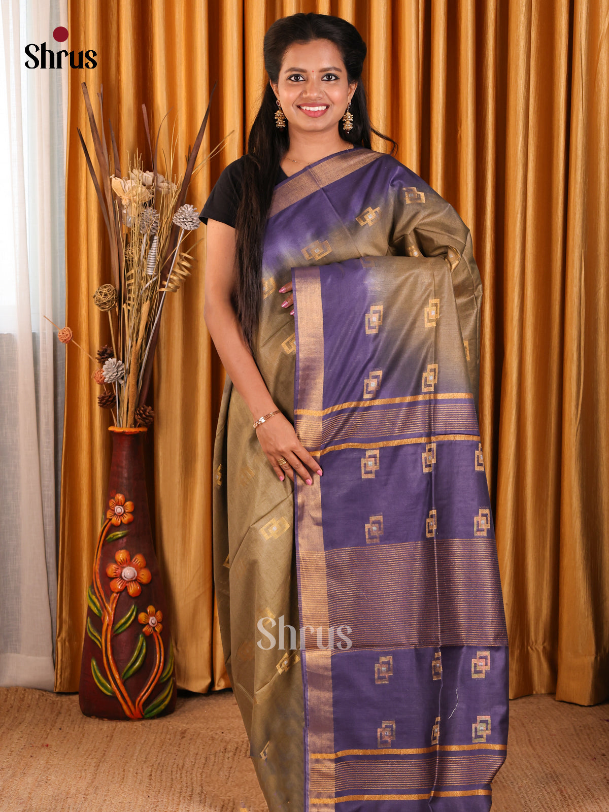 Brown & Blue- Semi Tussar Saree - Shop on Shrus.com