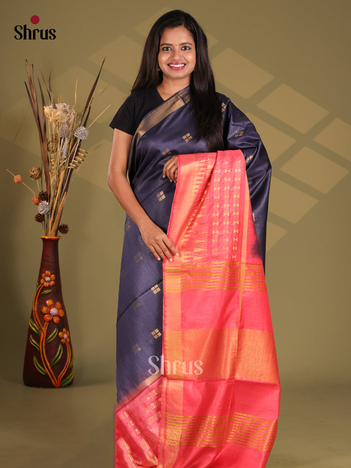 Blue & Red  - Semi Tussar Saree - Shop on Shrus.com