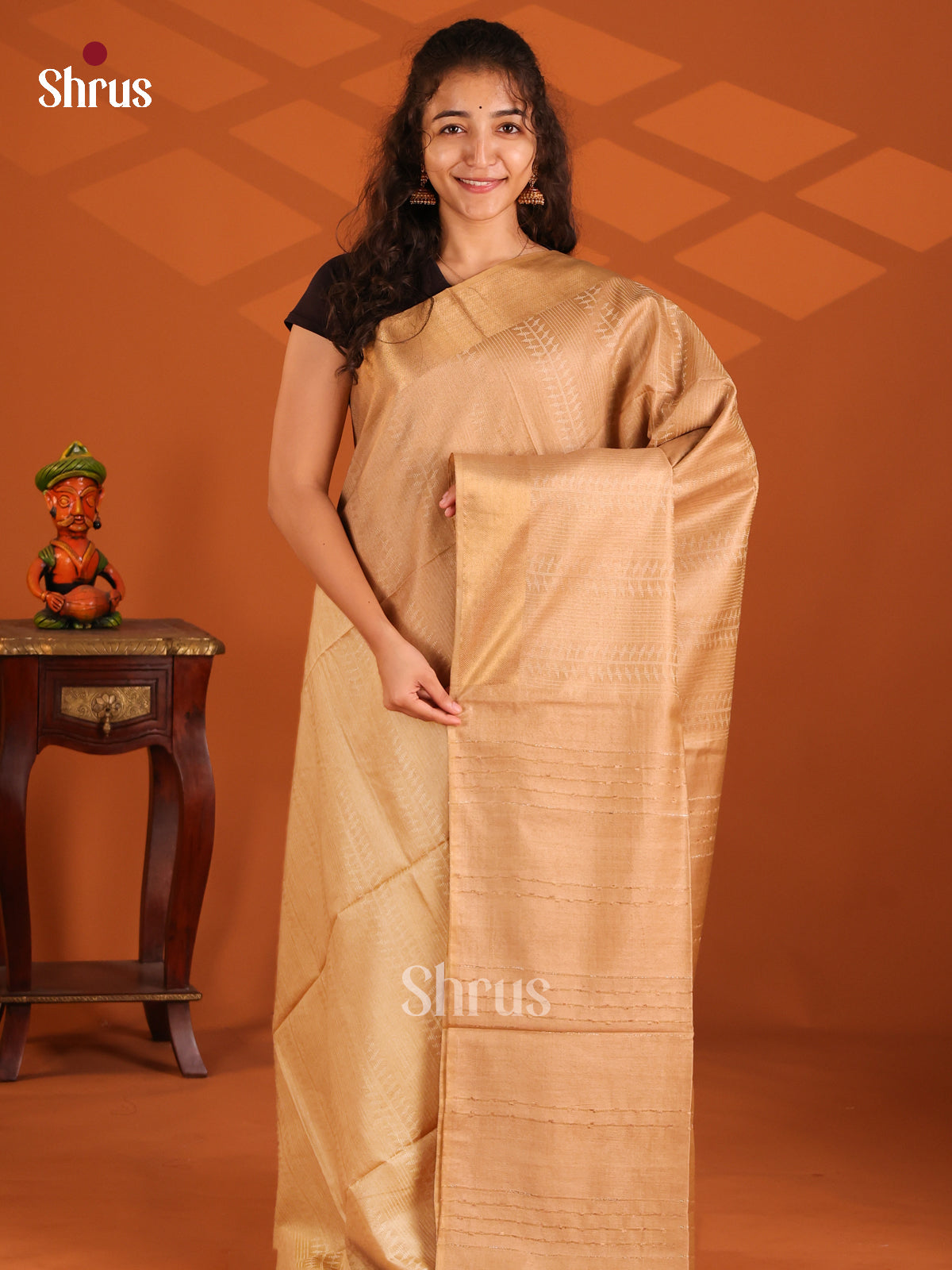 Beige - Semi Tussar Saree - Shop on Shrus.com