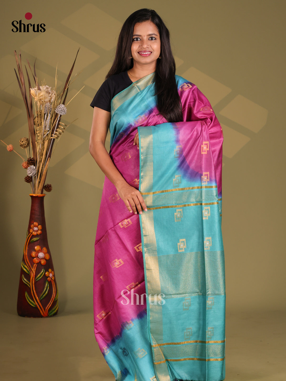 Majenta & Blue- Semi Tussar Saree - Shop on Shrus.com