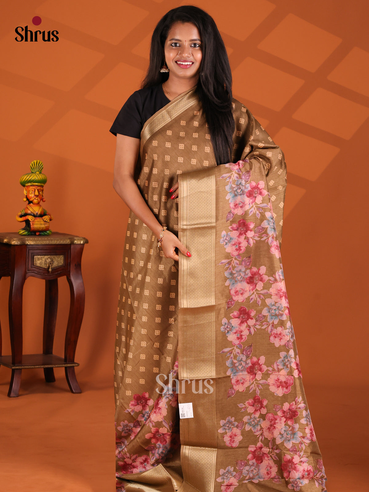 Brown - Semi Crepe Saree - Shop on Shrus.com