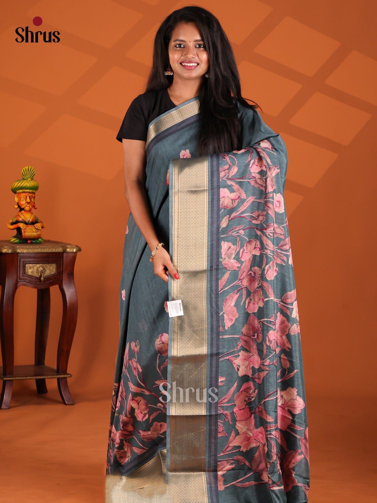 Teal Blue - Semi Crepe Saree - Shop on Shrus.com
