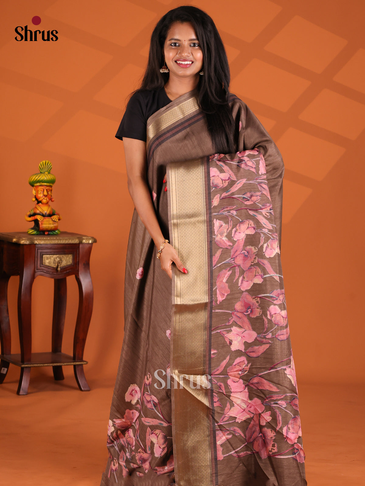 Brown - Semi Crepe Saree - Shop on Shrus.com