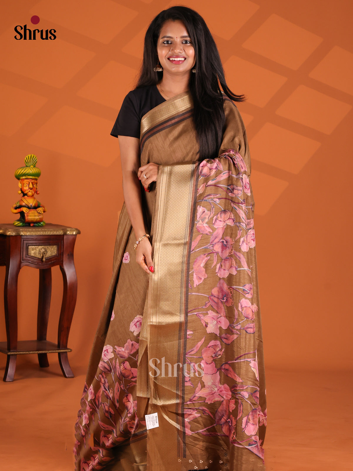 Brown - Semi Crepe Saree - Shop on Shrus.com