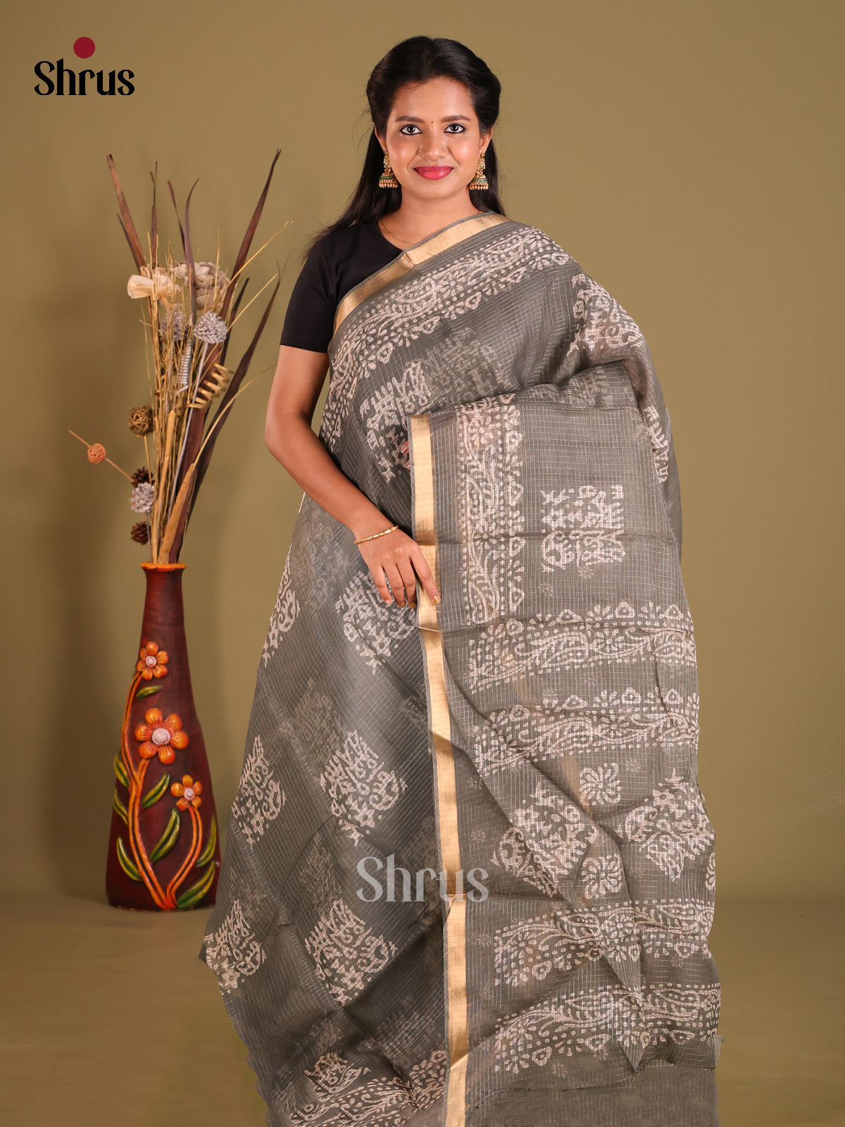 Grey - Kota Cotton Saree - Shop on Shrus.com