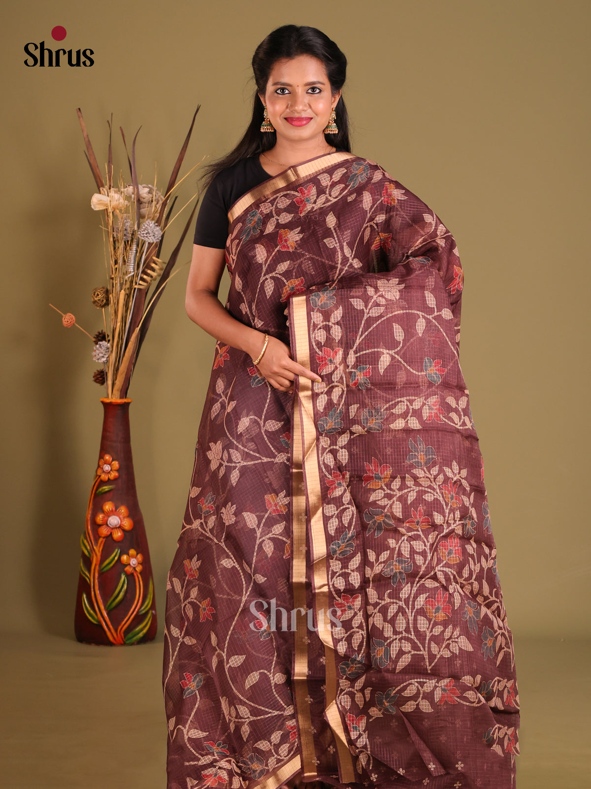 Brown - Kota Cotton Saree - Shop on Shrus.com