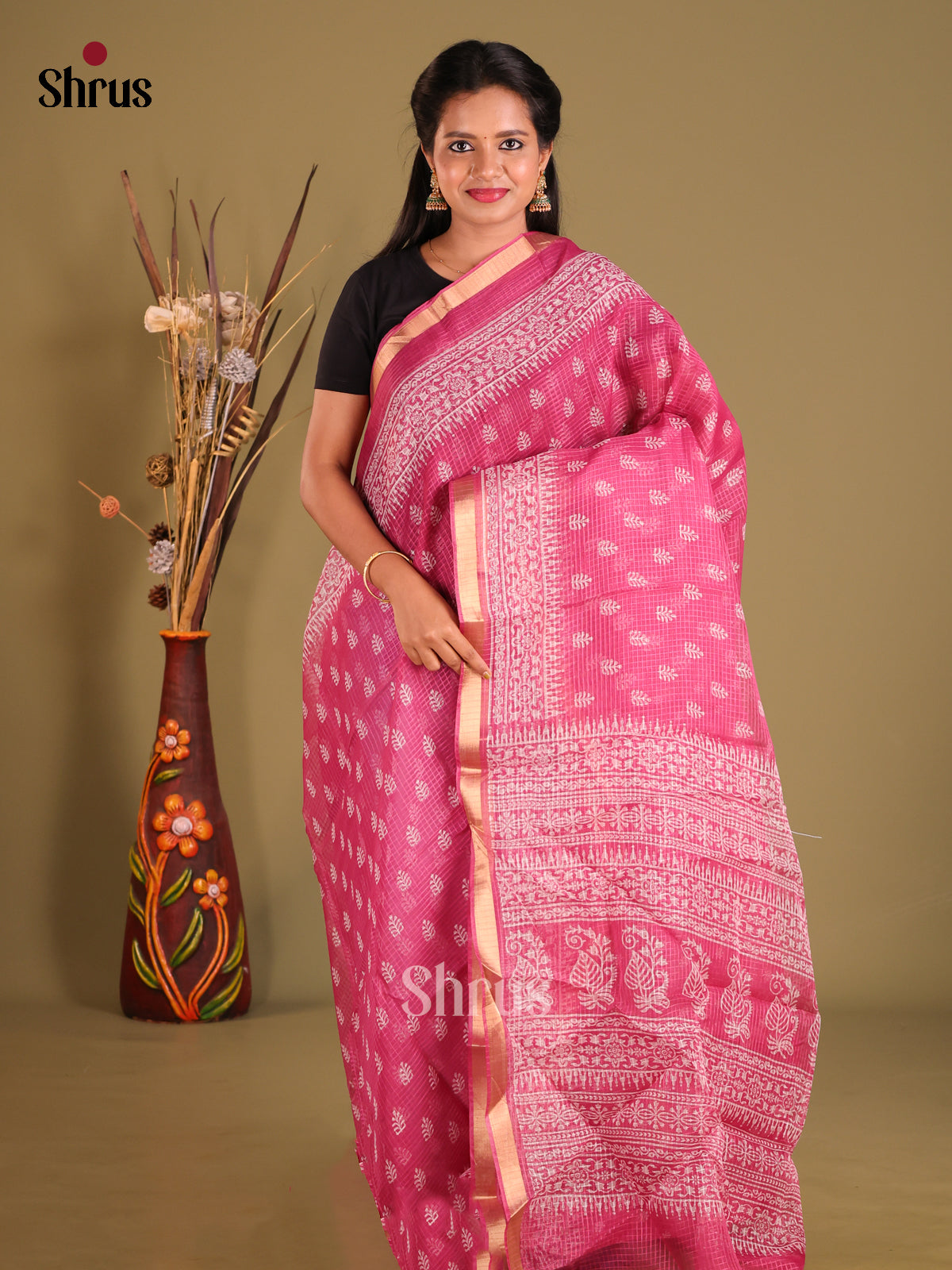 Pink - Kota Cotton Saree - Shop on Shrus.com