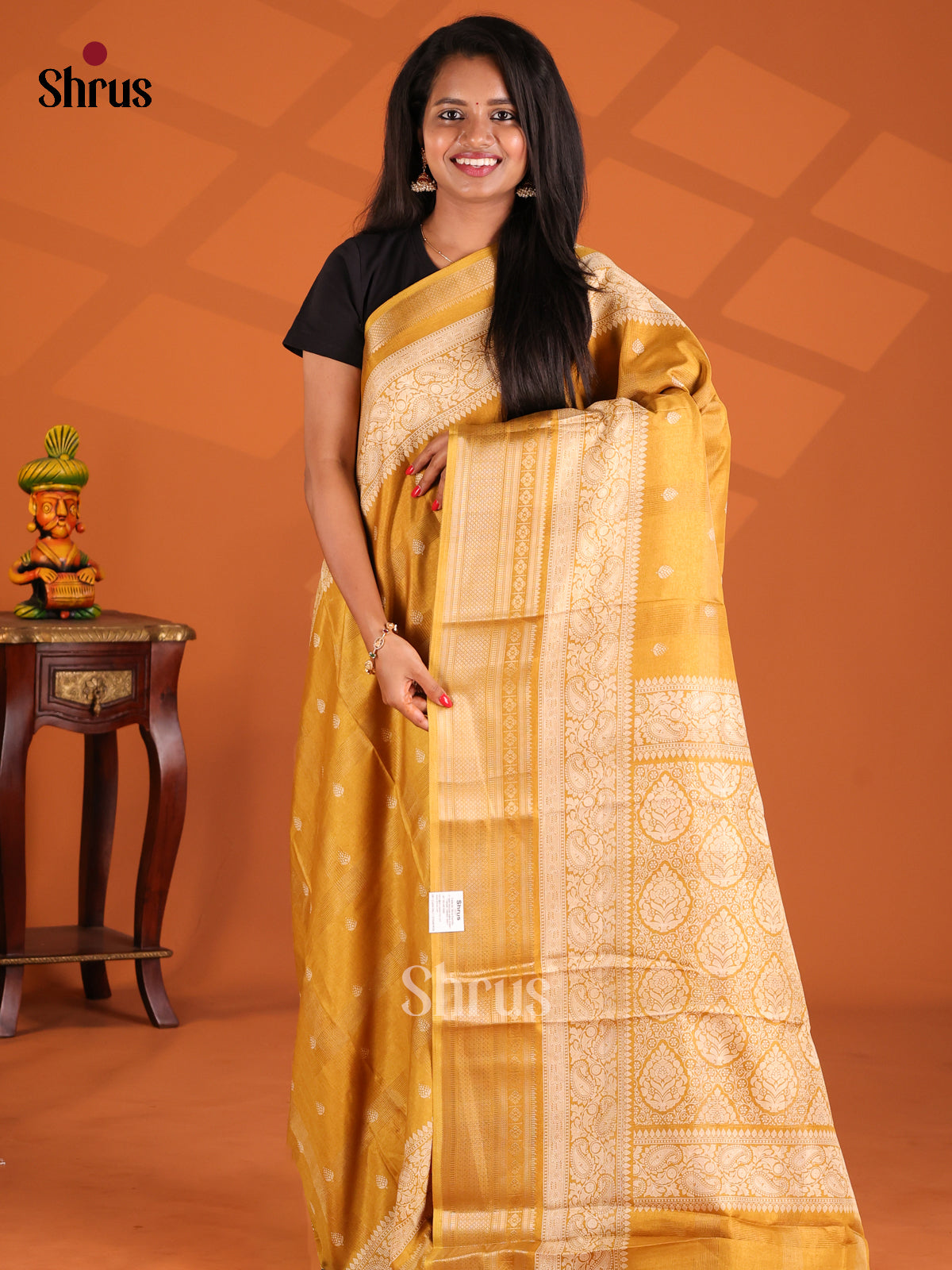 Mustard- Semi Crepe Saree - Shop on Shrus.com