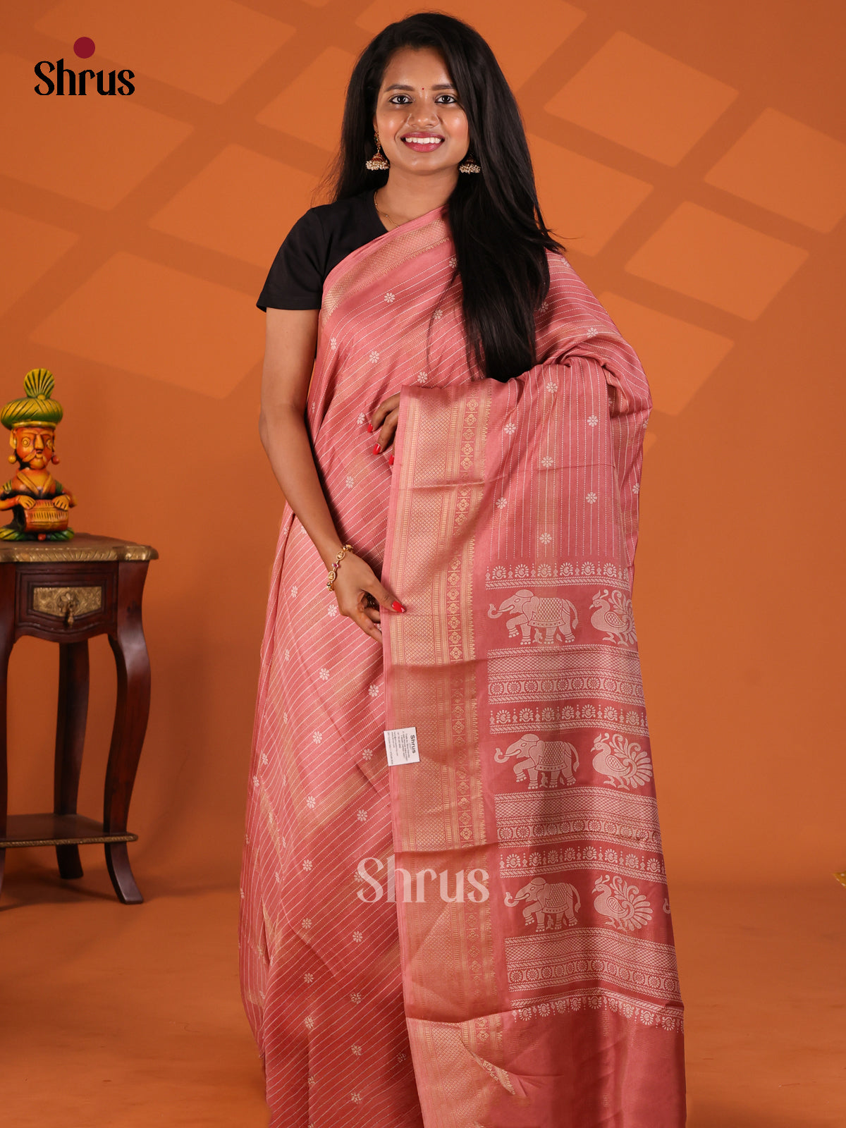 Peachish Pink - Semi Crepe Saree - Shop on Shrus.com