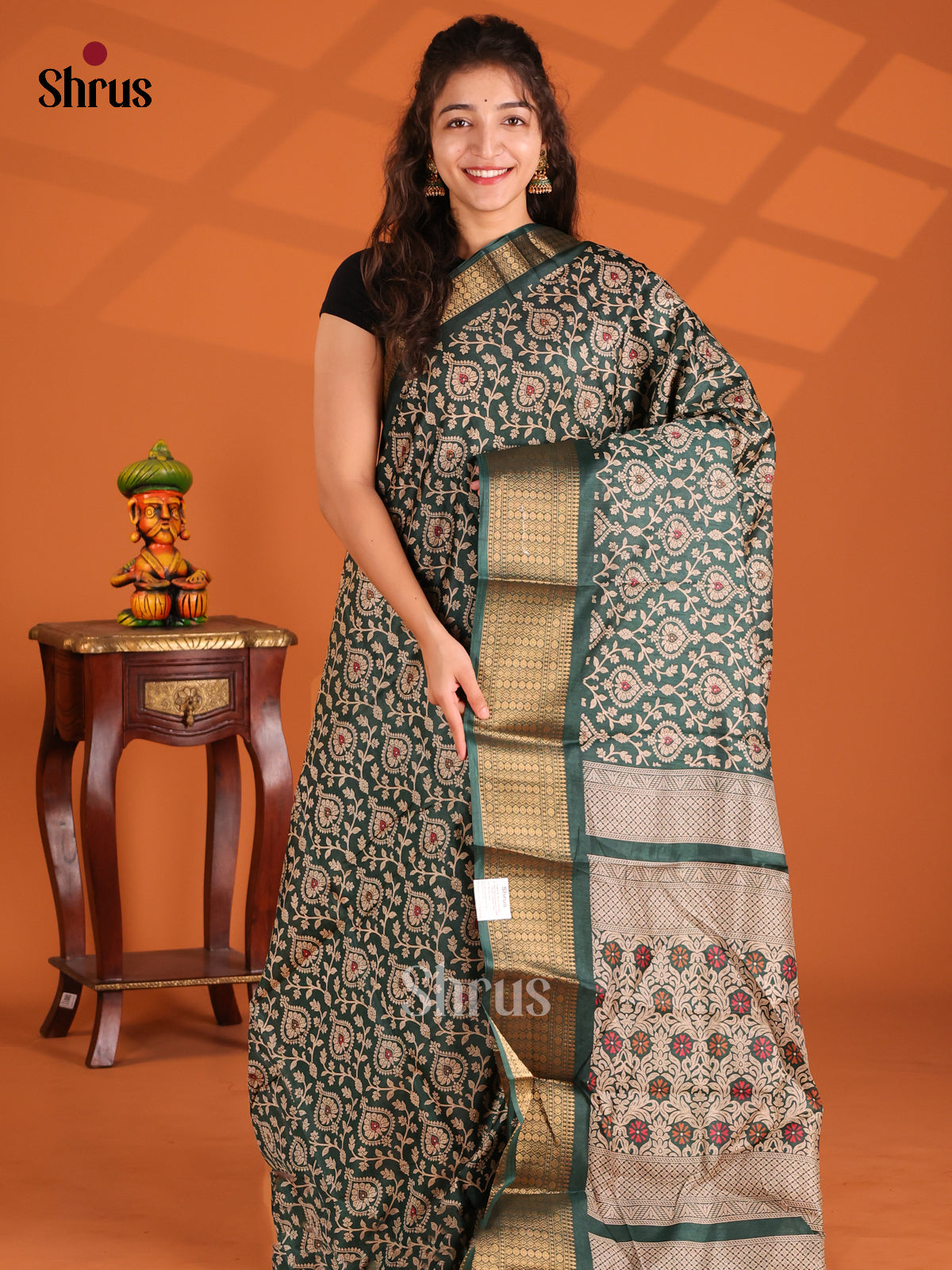 Dark Green - Semi Crepe Saree - Shop on Shrus.com