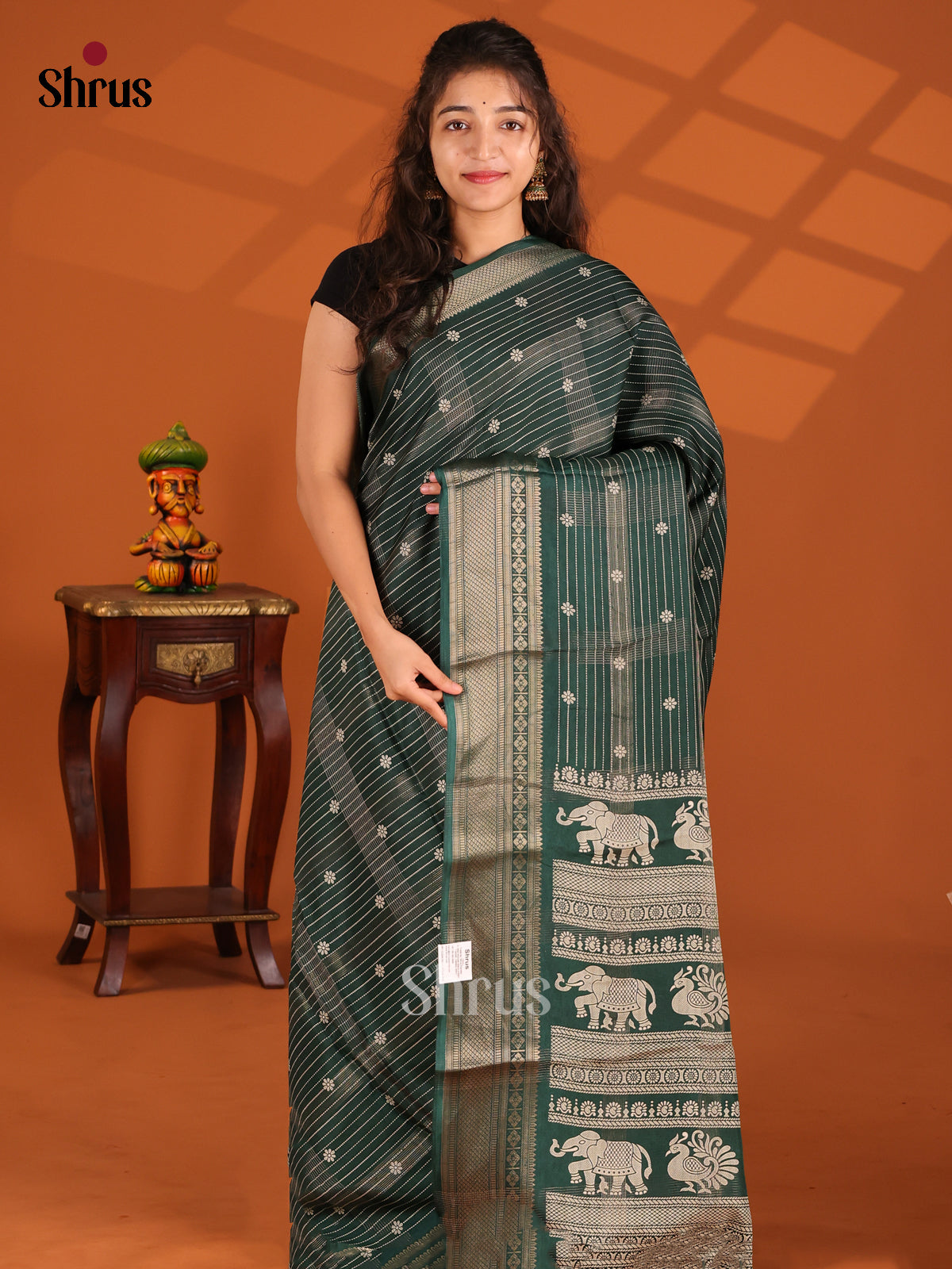 Dark Green - Semi Crepe Saree - Shop on Shrus.com