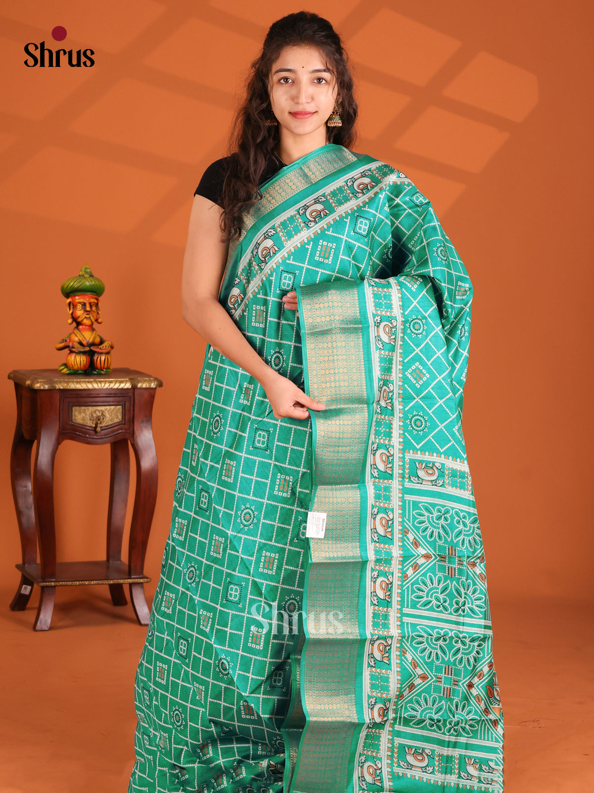 Teal green - Semi Crepe Saree - Shop on Shrus.com