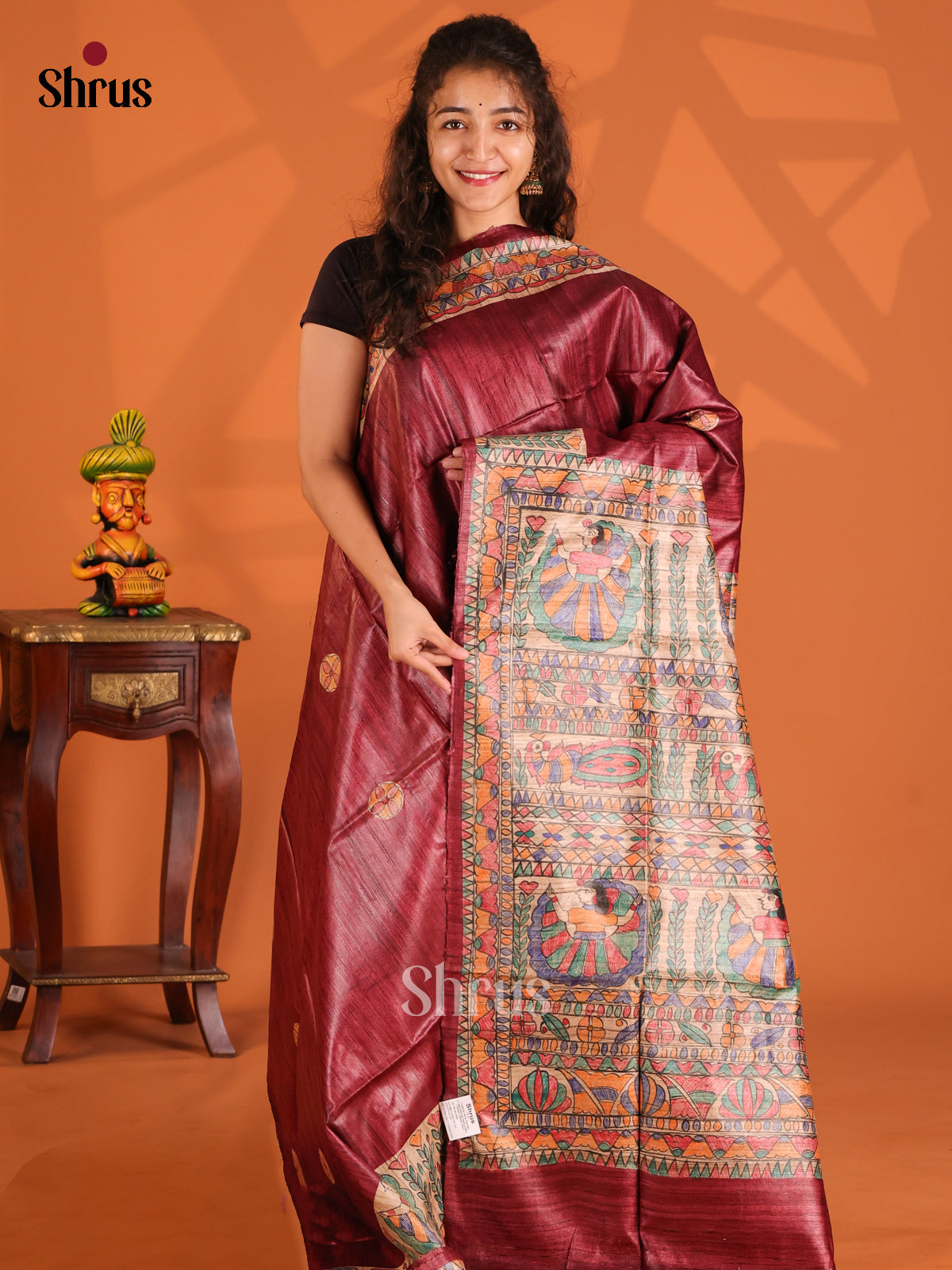 Maroon & Beige - Tussar Saree - Shop on Shrus.com