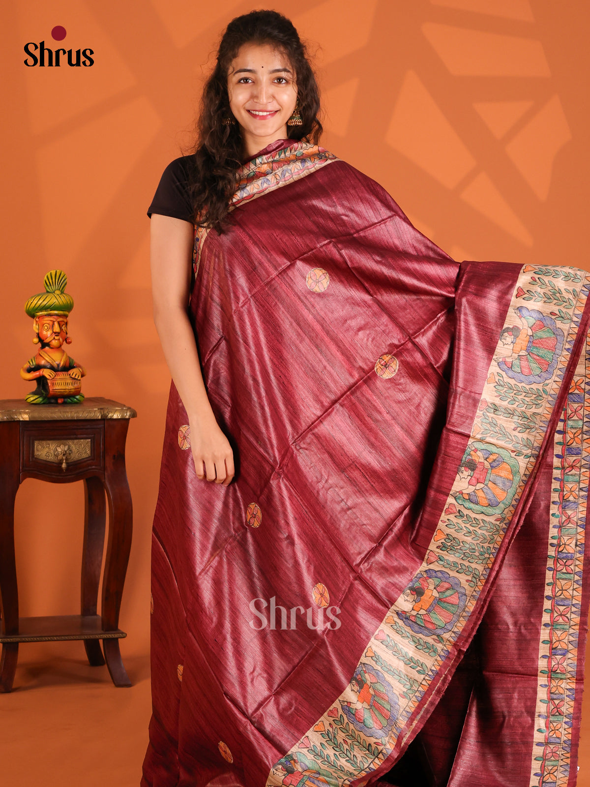 Maroon & Beige - Tussar Saree - Shop on Shrus.com