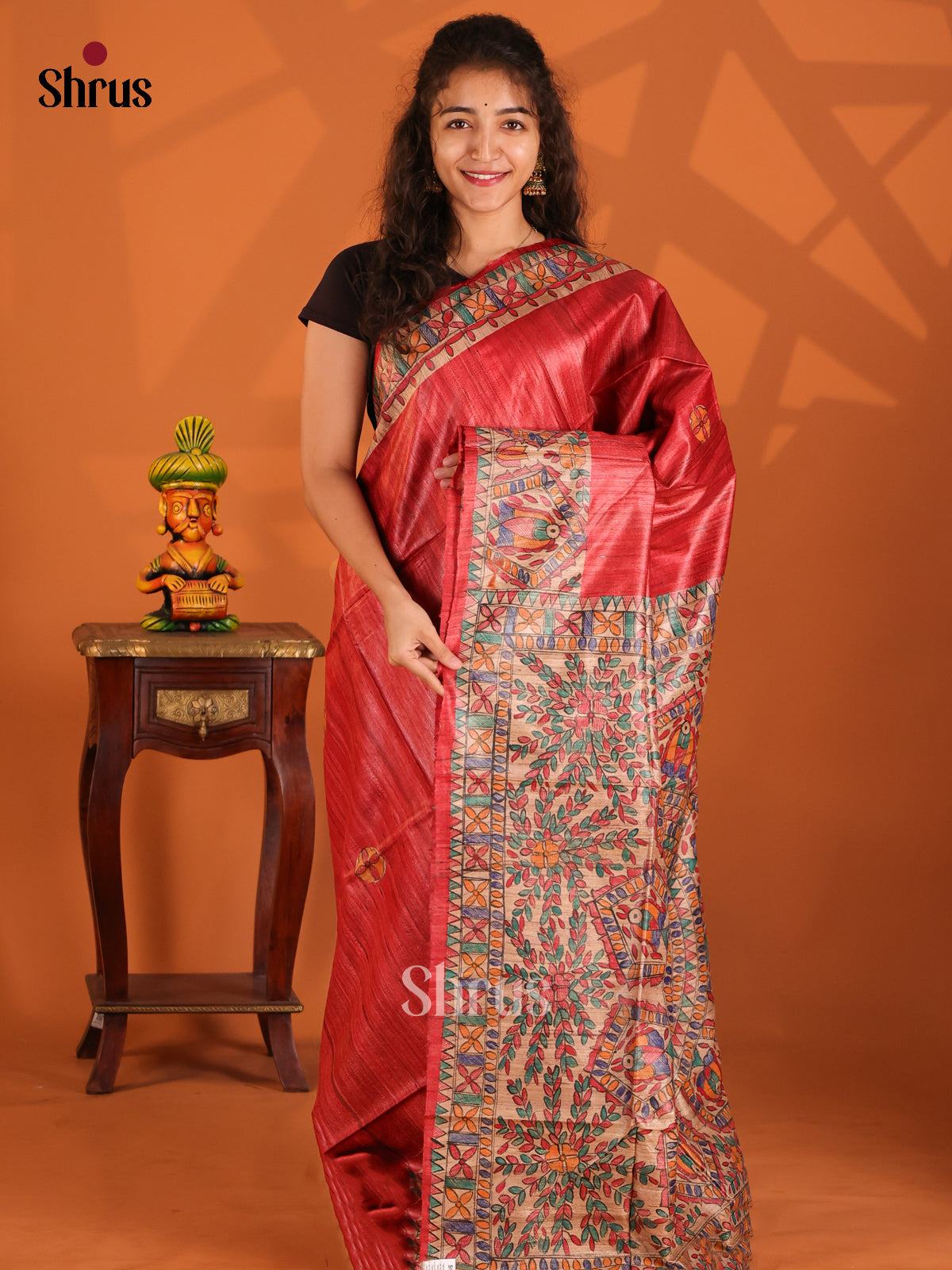 Red & Beige - Tussar Saree - Shop on Shrus.com