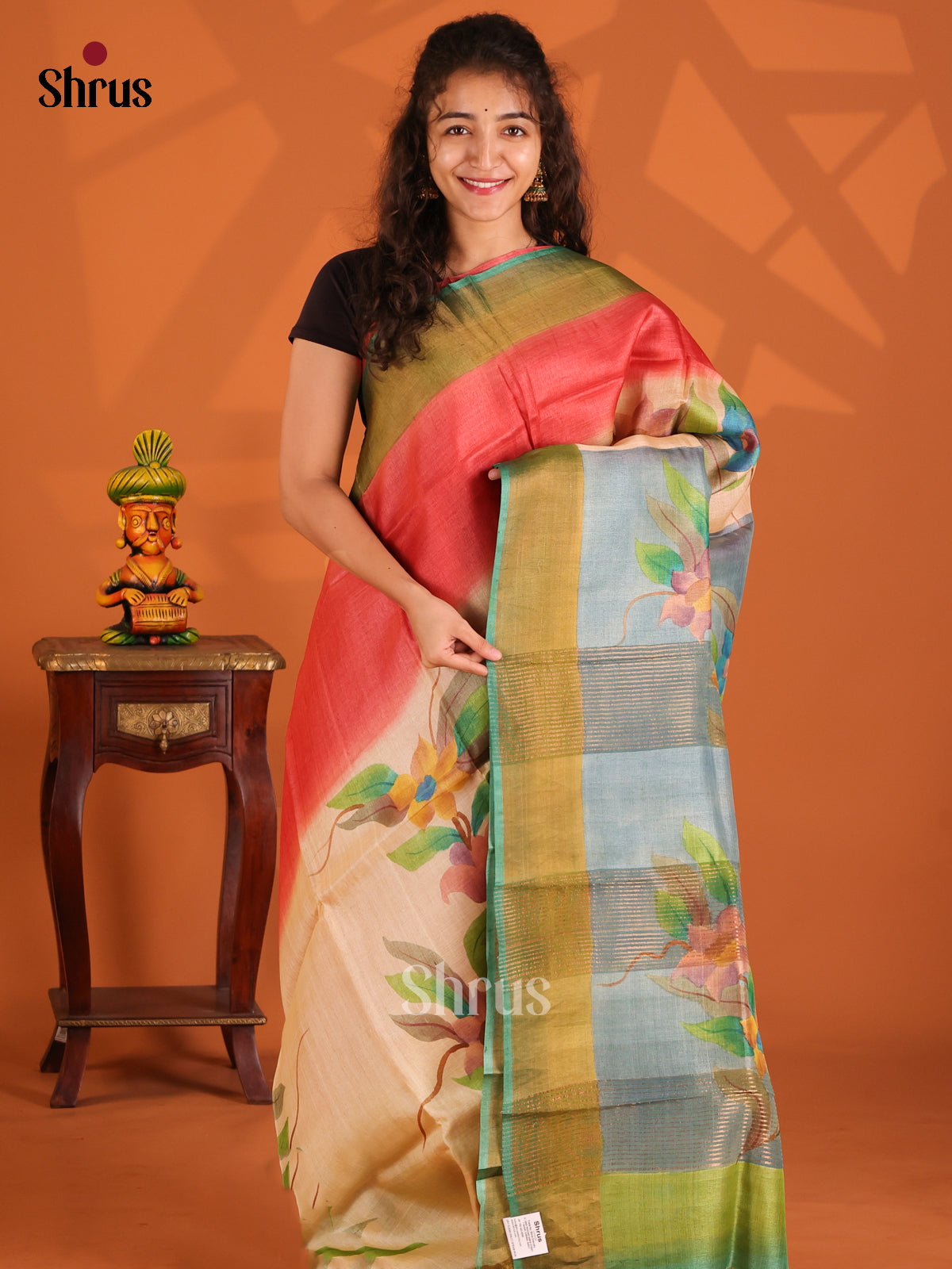 Red & Green- Tussar Saree - Shop on Shrus.com