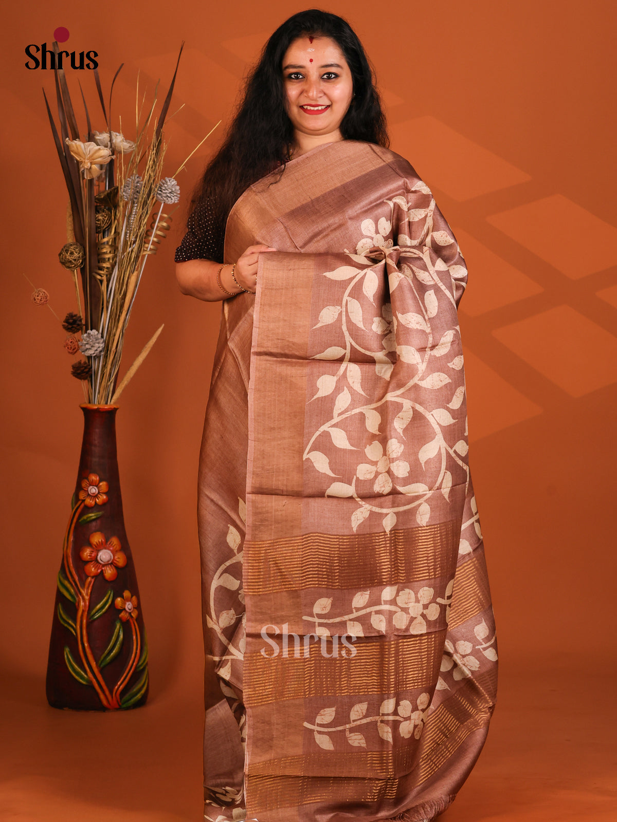 Brown(Single Tone)- Tussar Saree - Shop on Shrus.com