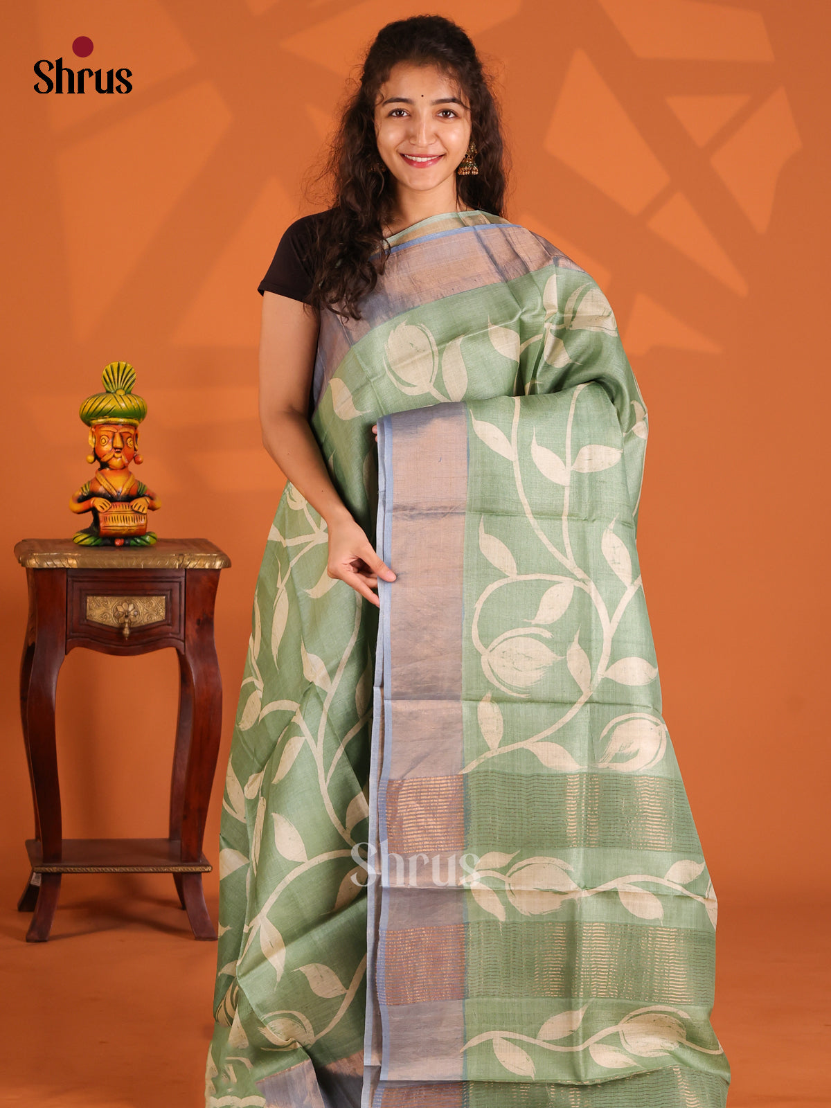 Pastel Green & Grey- Tussar Saree - Shop on Shrus.com