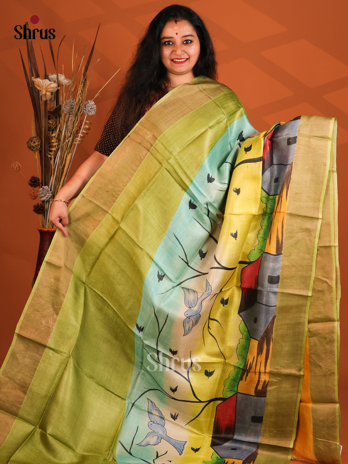 Green & Mustard - Tussar Saree-1