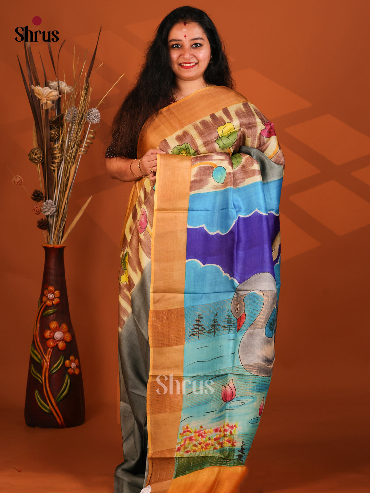 Grey & Mustard - Tussar Saree - Shop on Shrus.com