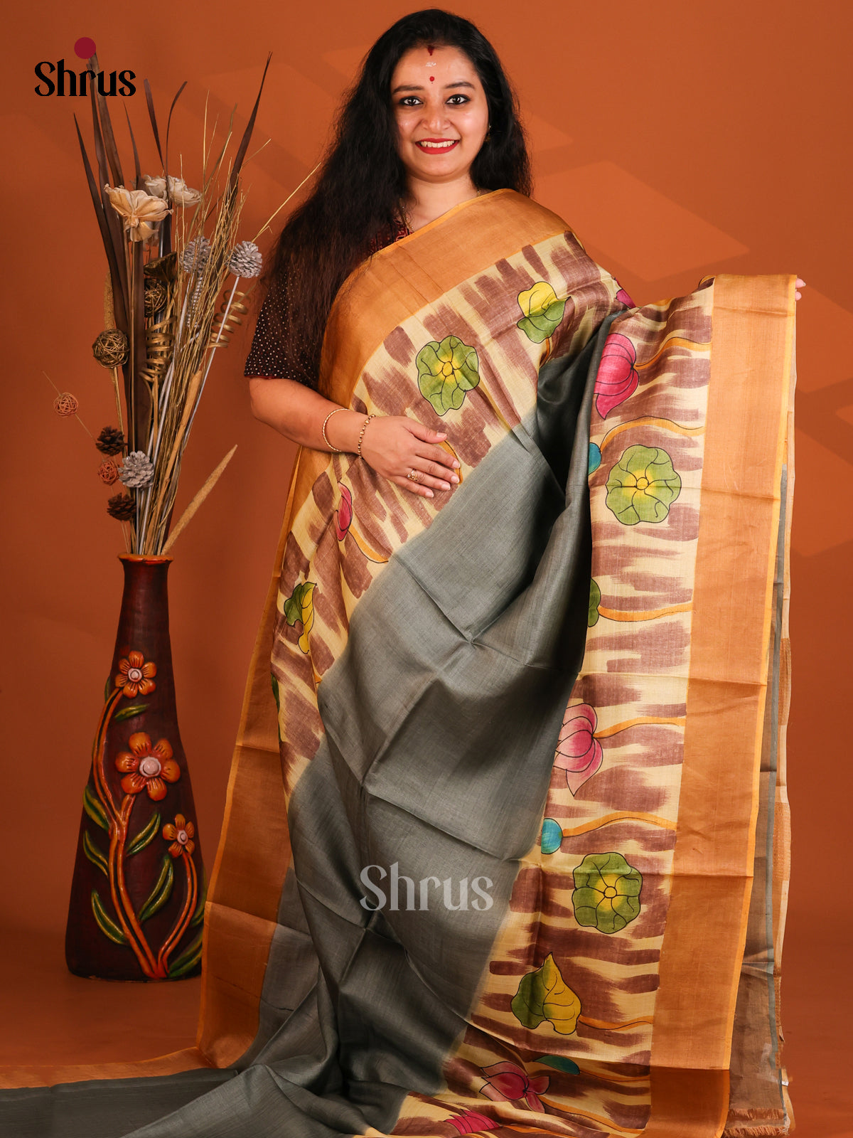 Grey & Mustard - Tussar Saree - Shop on Shrus.com