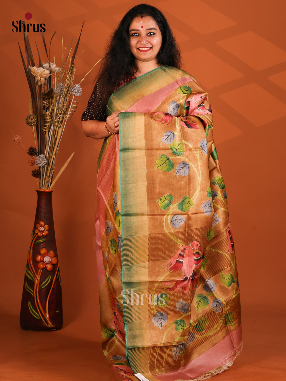 Peach & Green - Tussar Saree