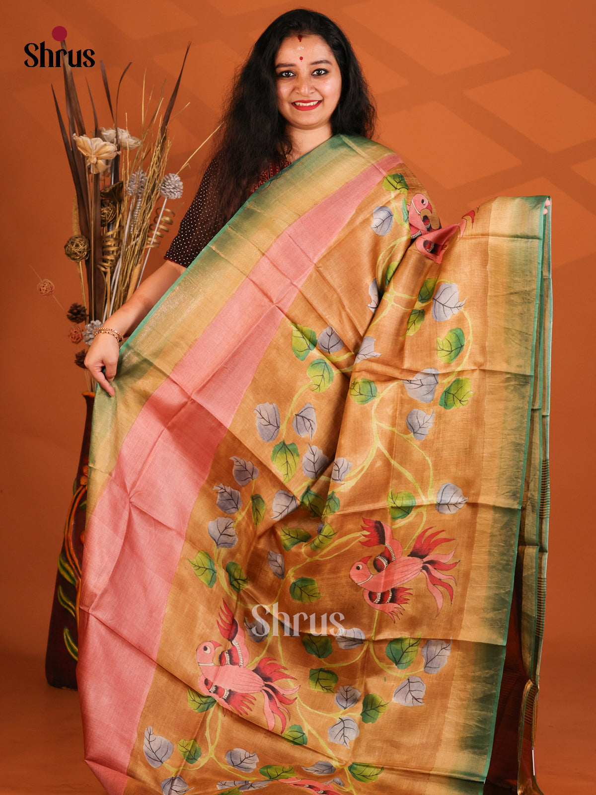 Peach & Green - Tussar Saree-1