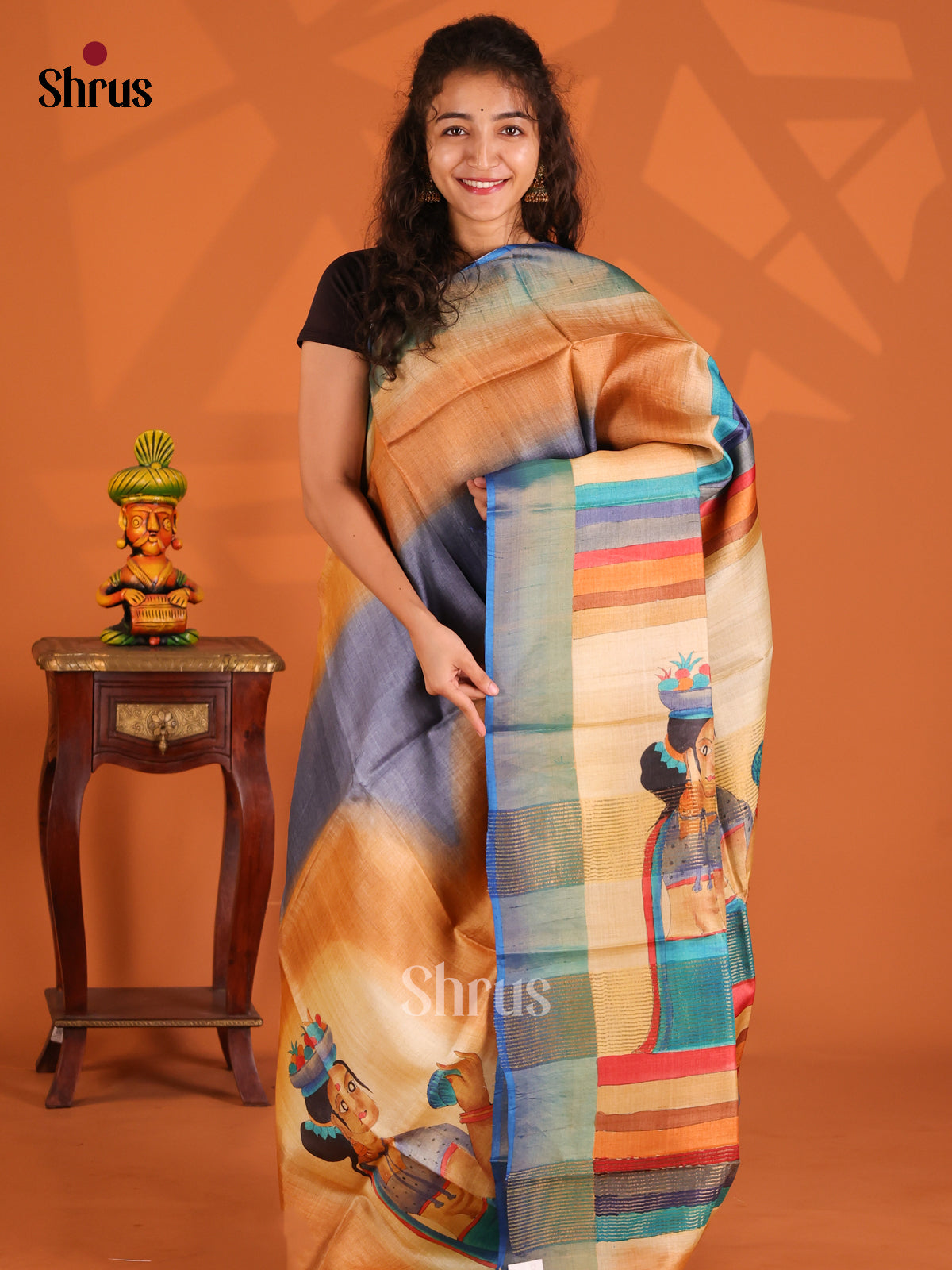 Grey & Blue- Tussar Saree - Shop on Shrus.com