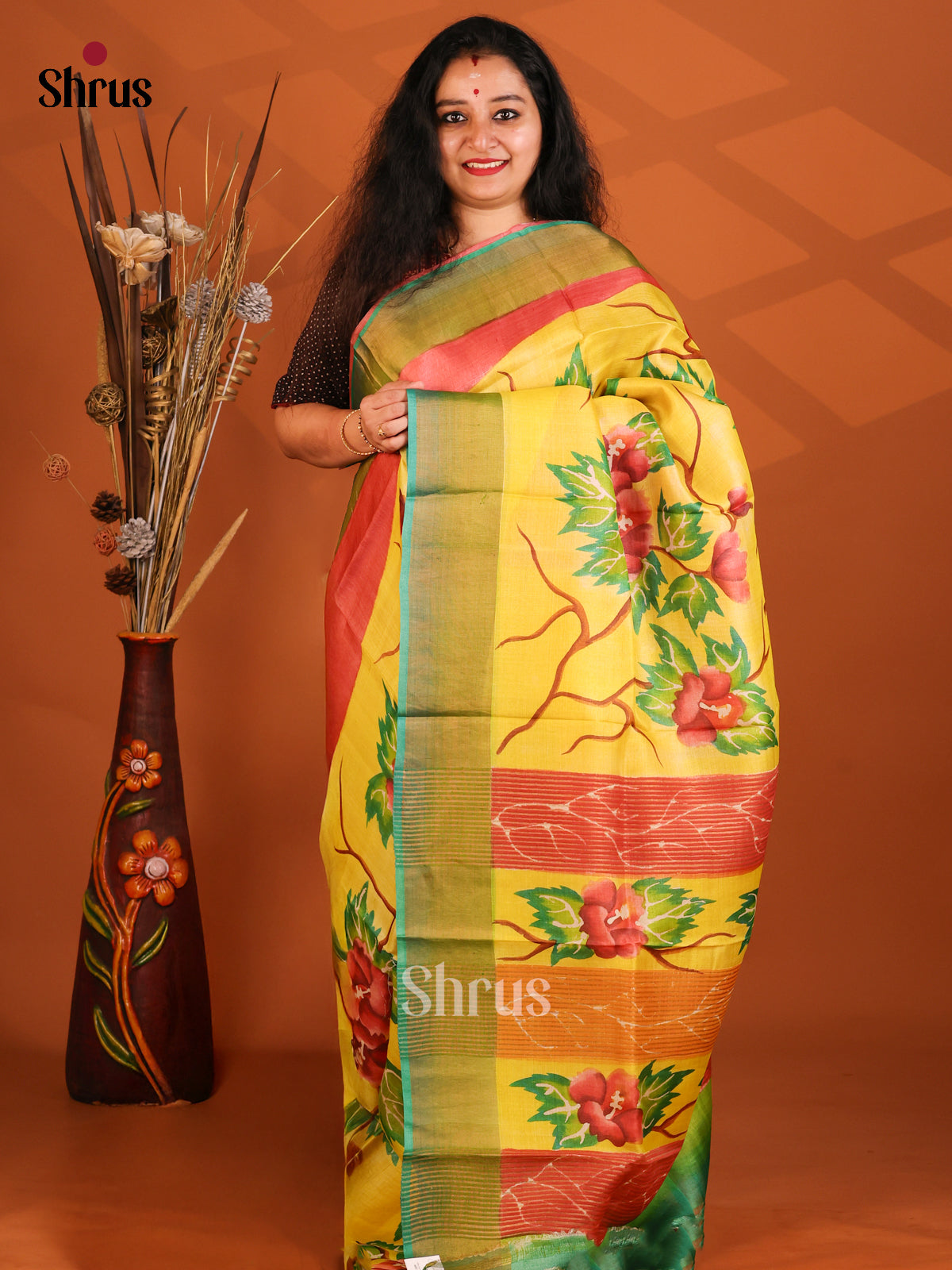 Red & Yellow - Tussar Saree - Shop on Shrus.com