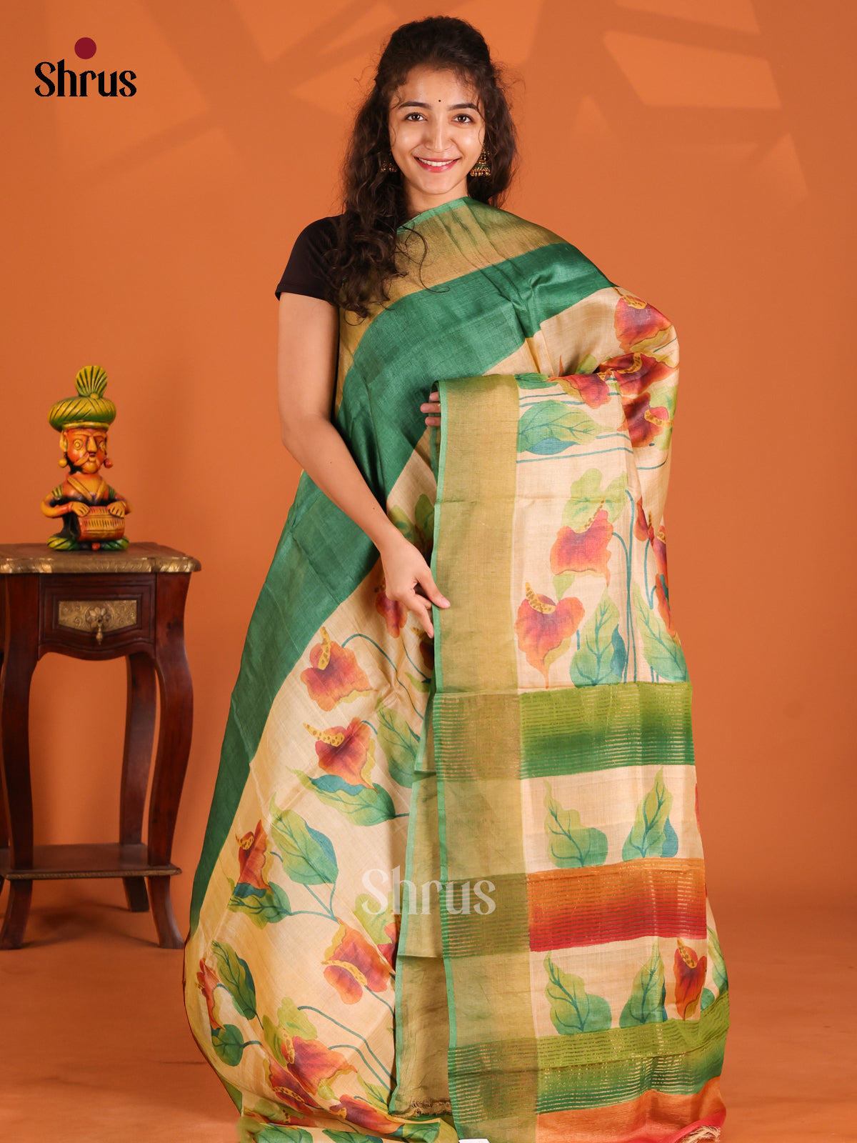 Green & Cream- Tussar Saree - Shop on Shrus.com
