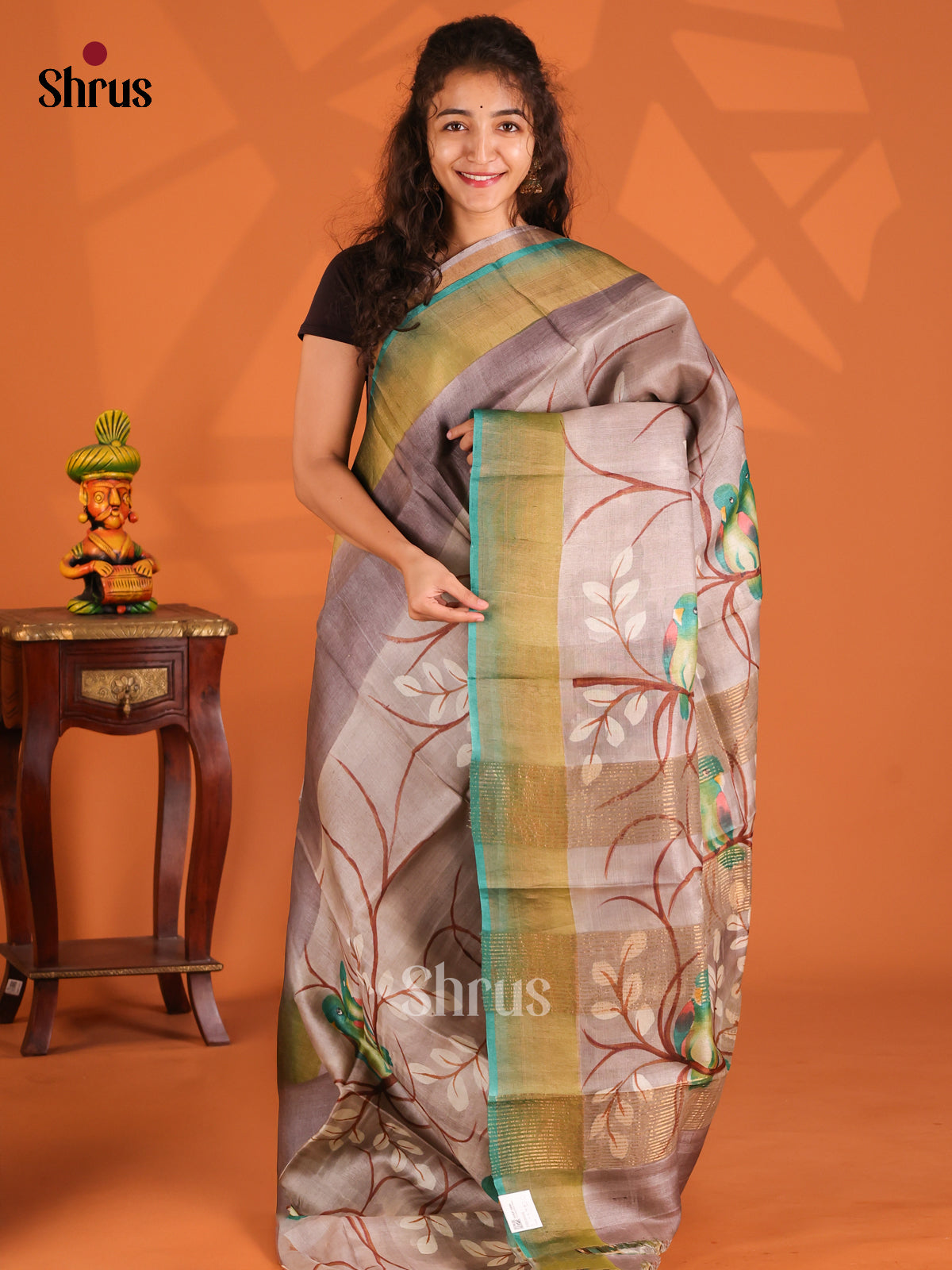 Dusty Brown & Grey - Tussar Saree - Shop on Shrus.com