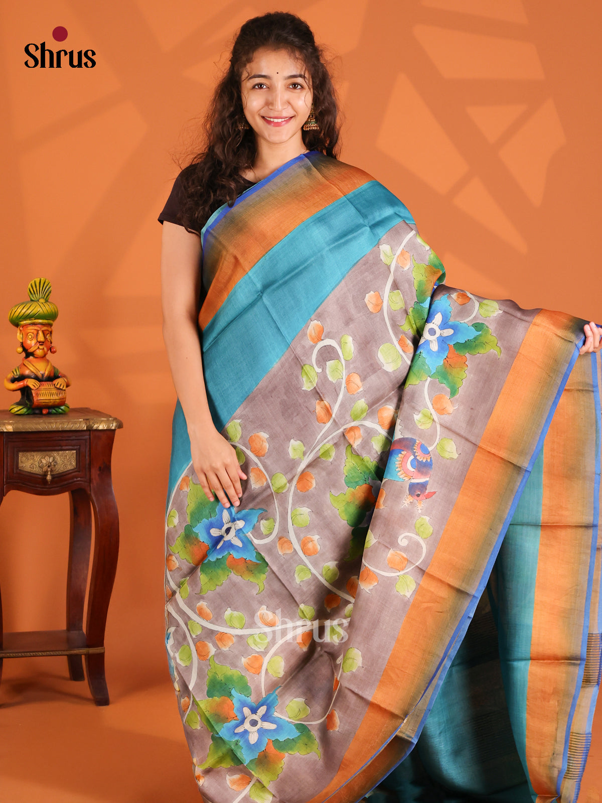 Blue & Grey- Tussar Saree - Shop on Shrus.com