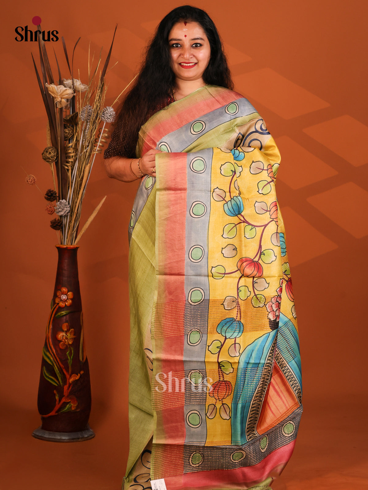 Green & Yellow - Tussar Saree - Shop on Shrus.com