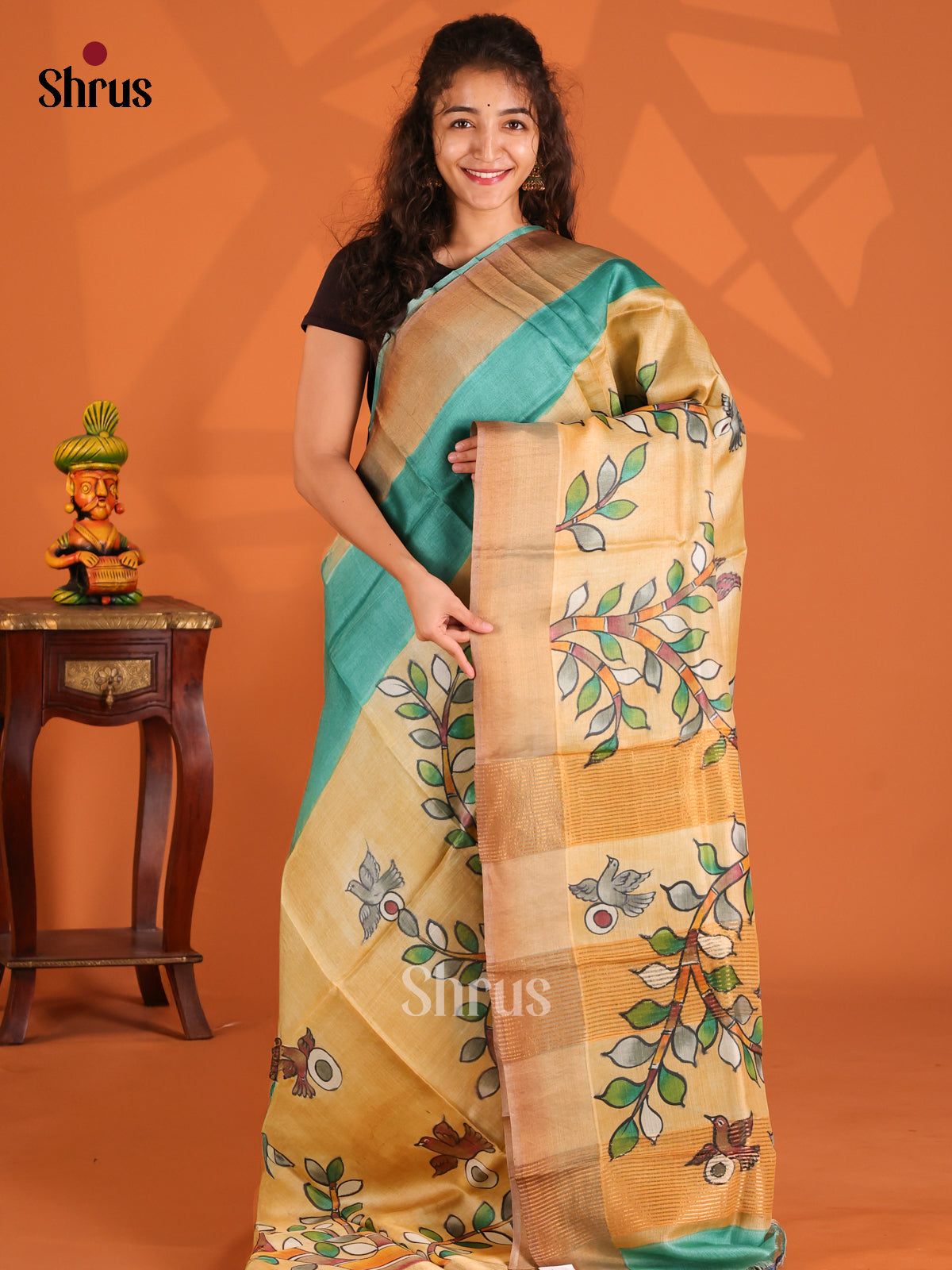 Teal & Peach- Tussar Saree - Shop on Shrus.com