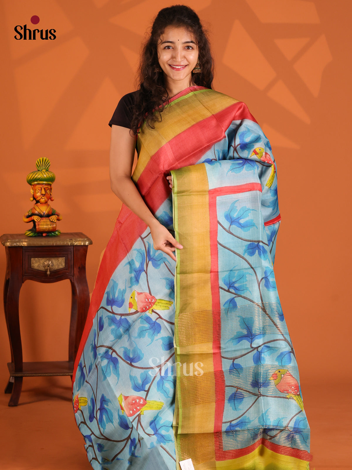 Red & Blue - Tussar Saree - Shop on Shrus.com