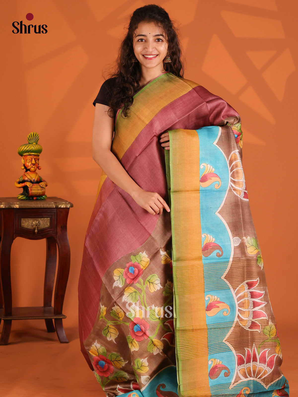 Brown & Green- Tussar Saree