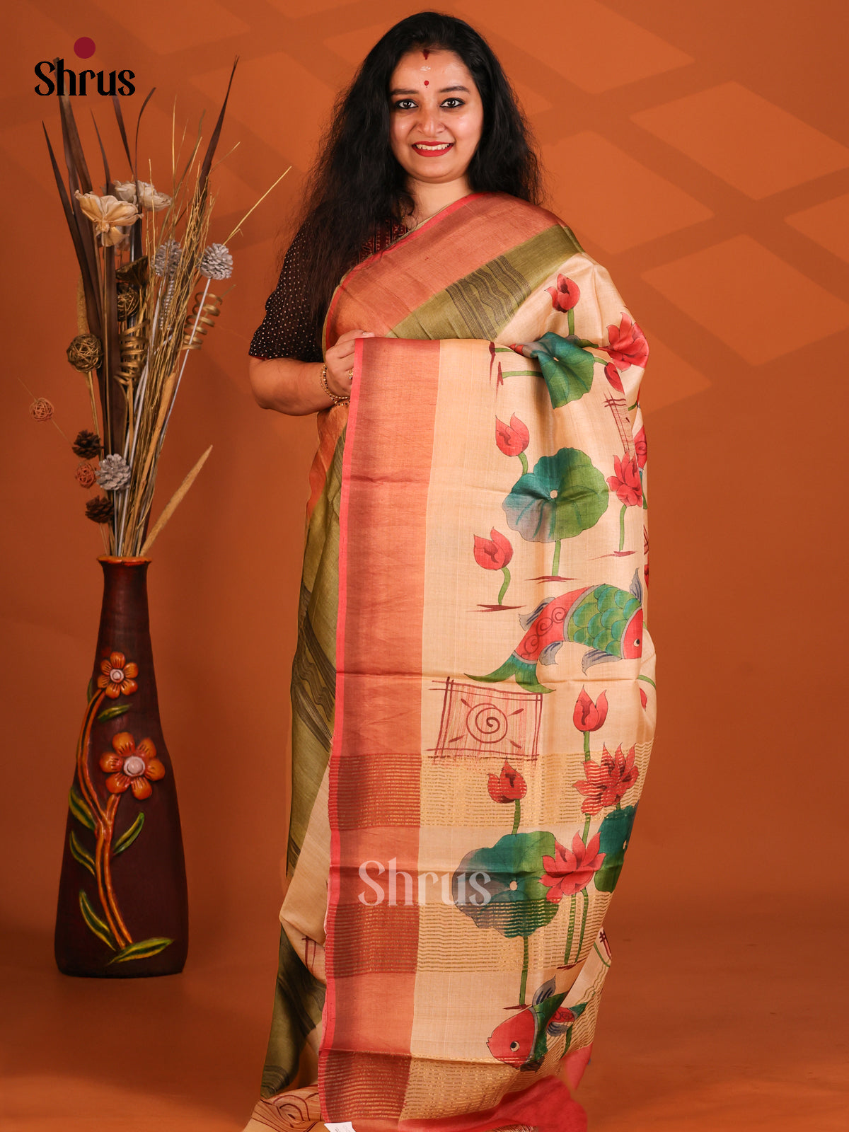 Green & Cream- Tussar Saree - Shop on Shrus.com