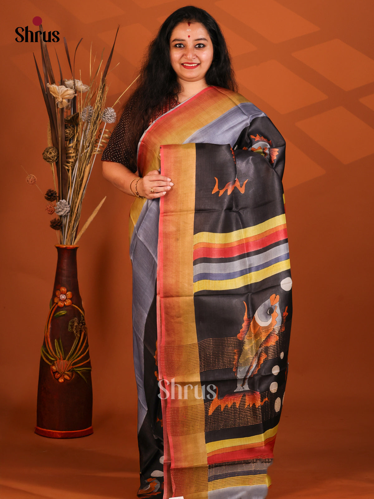 Grey & Black- Tussar Saree - Shop on Shrus.com