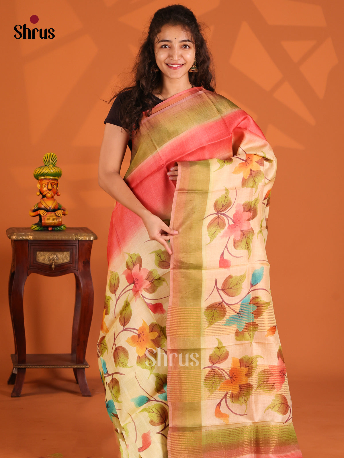 Red & Green- Tussar Saree - Shop on Shrus.com